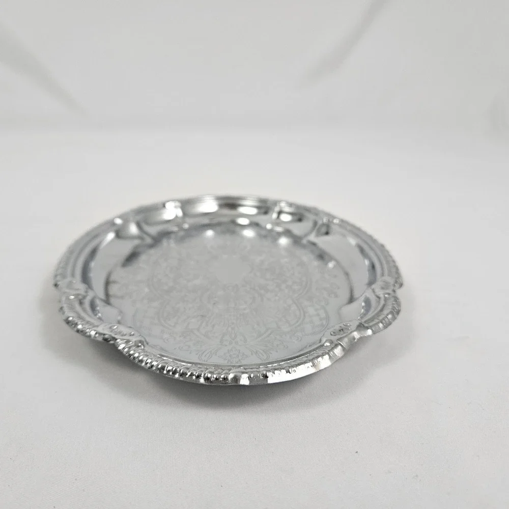 Vintage Silver Plate Card Serving Tray Trinket Jewelry Scalloped Edge Hong Kong